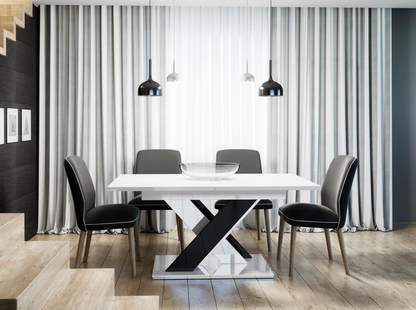 Sleek foldable dining table with white gloss top and black gloss base.
