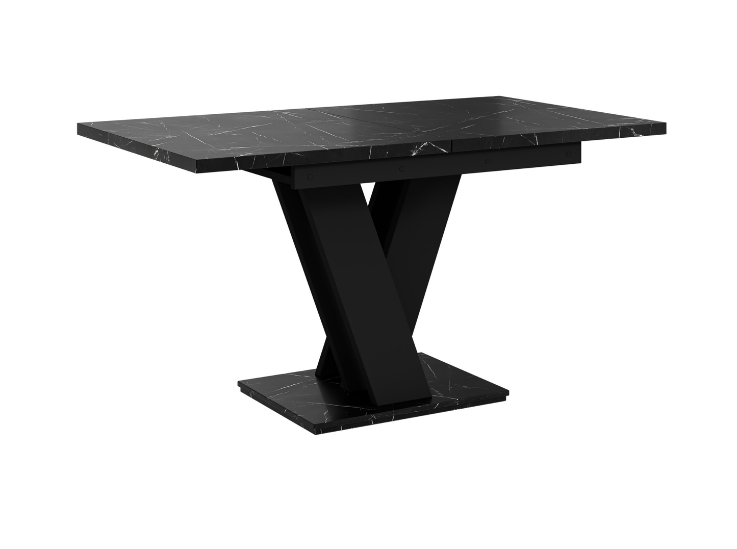 Luxury dining room table with black royal marble effect and black structure.