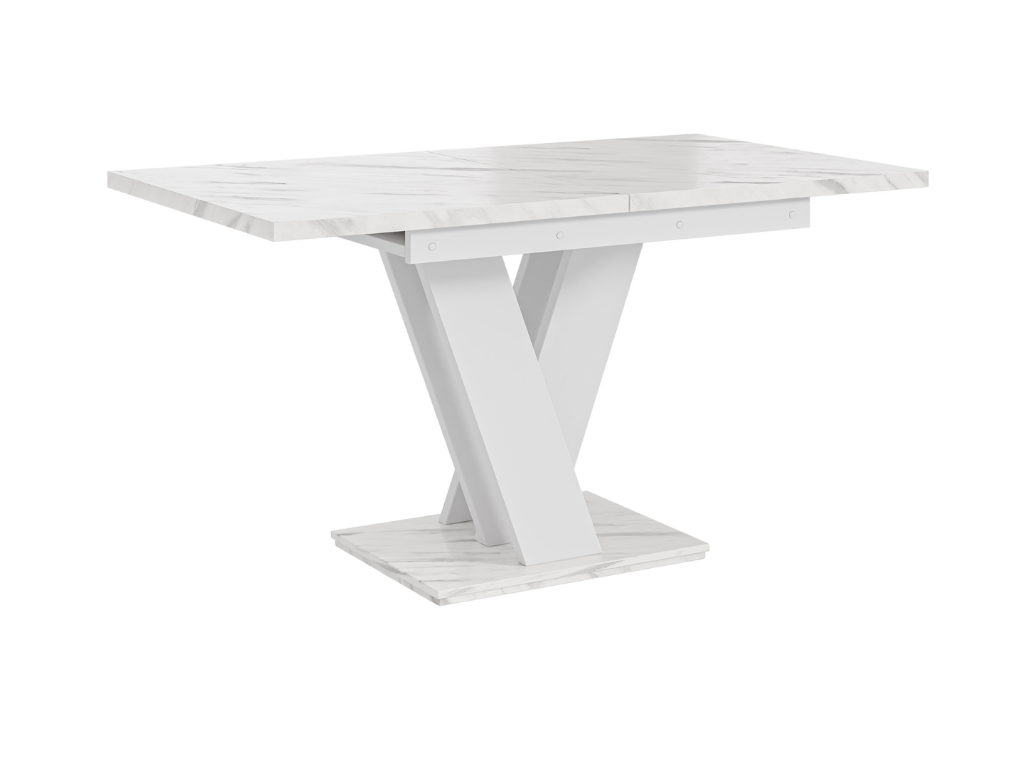 Luxury dining room table with white marble effect top and white base.