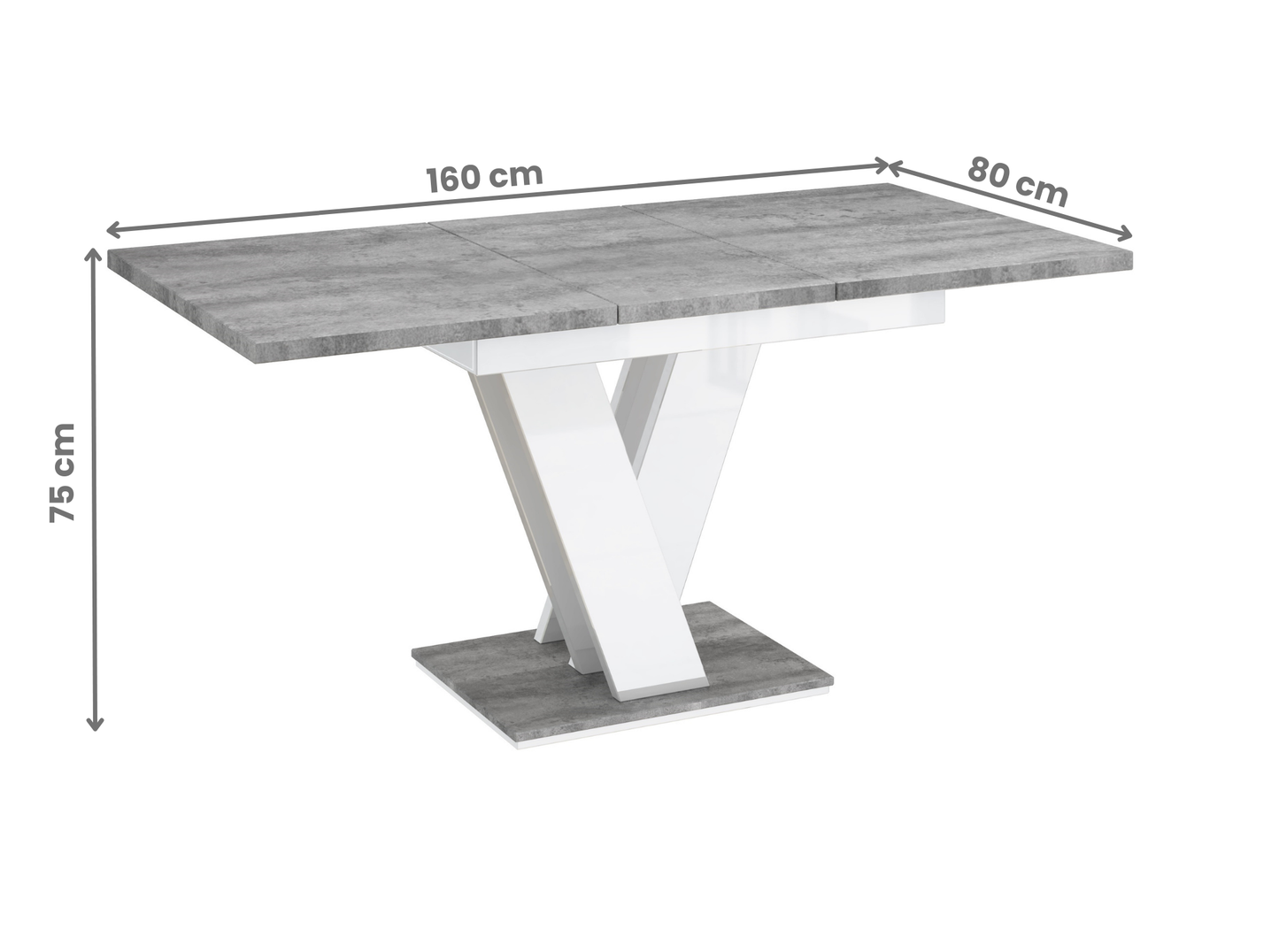 Elegant dining room table with grey concrete effect top and white gloss V-base.