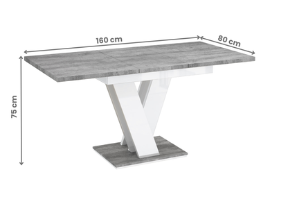 Elegant dining room table with grey concrete effect top and white gloss V-base.
