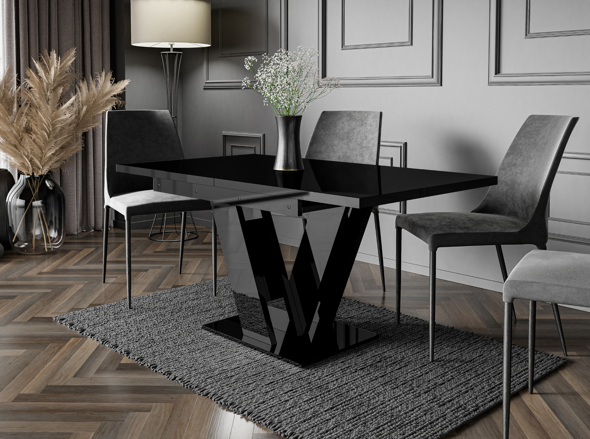 MASIV black gloss extending dining table 4-6 seater with V-shaped base.