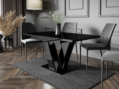 MASIV black gloss extending dining table 4-6 seater with V-shaped base.