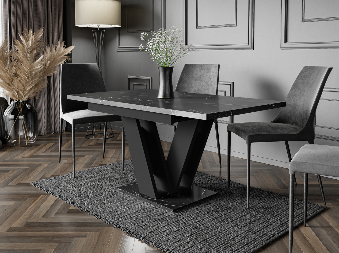 MASIV black royal marble extending dining table 4-6 seater with black base.