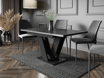 MASIV black royal marble extending dining table 4-6 seater with black base.