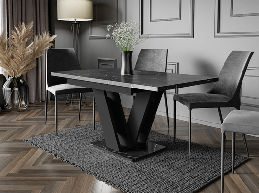 MASIV black royal marble extending dining table 4-6 seater with black base.
