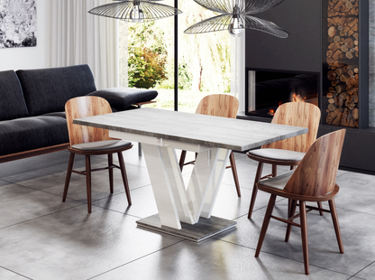 MASIV concrete effect extending dining table 4-6 seater with white gloss base.