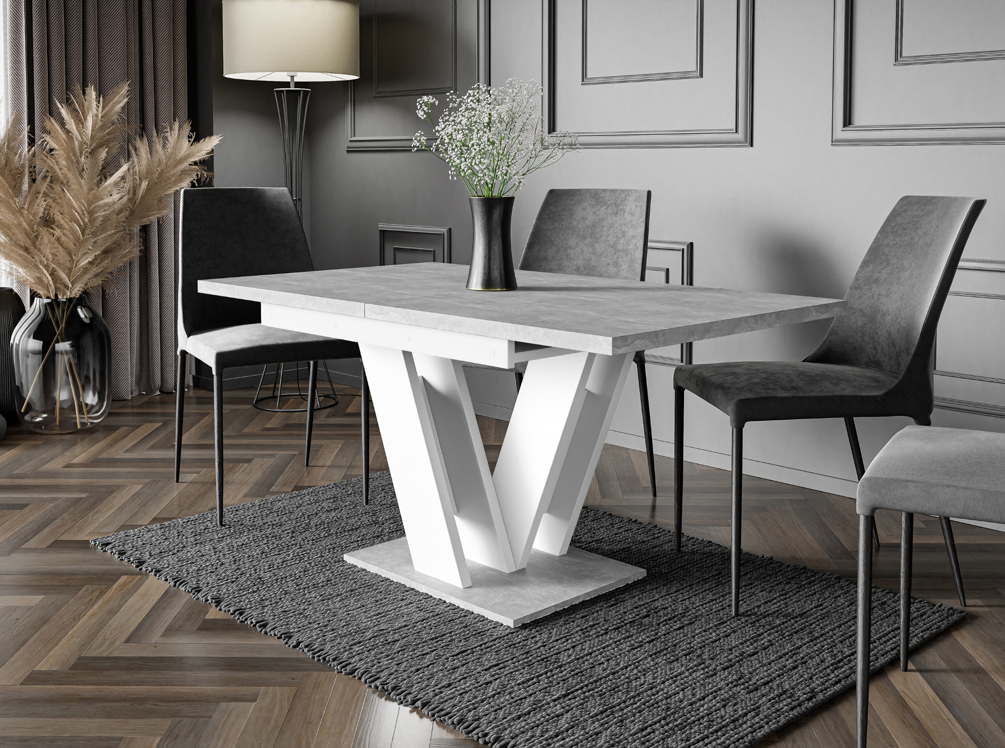 MASIV extending dining table 4-6 seater with grey concrete top and white base.