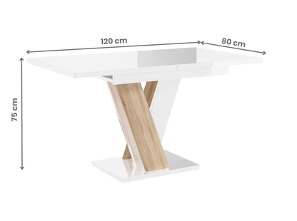 Space-saving MASIV 6 seater dining table with Sonoma oak and glossy white top.