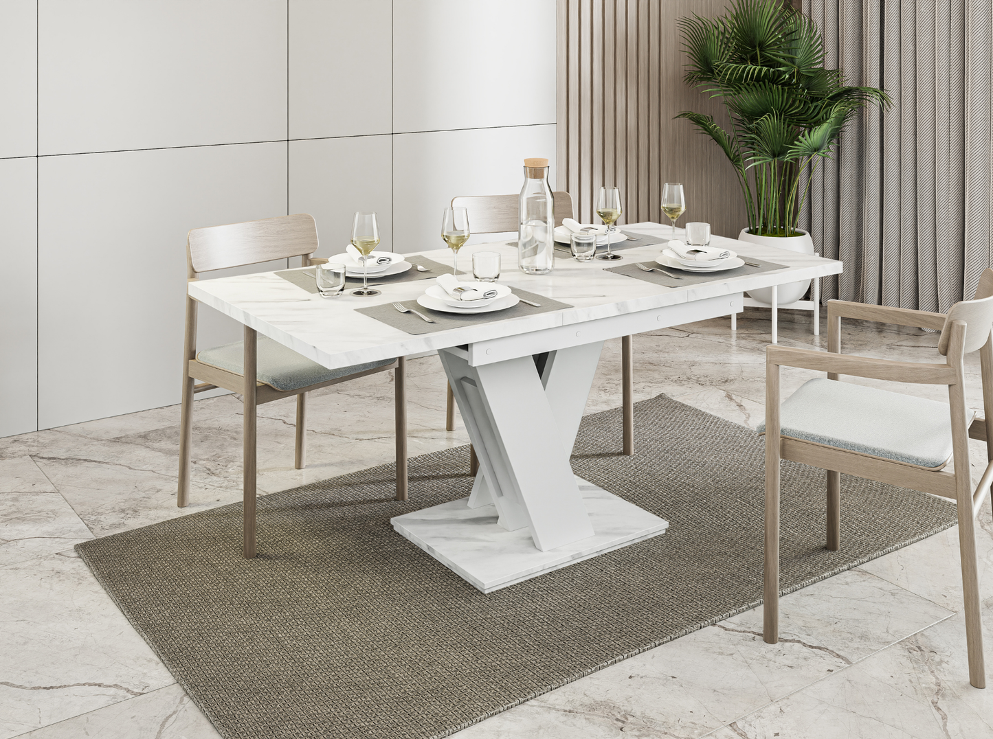 Extendable MASIV dinner table in white bianco marble with white structure.