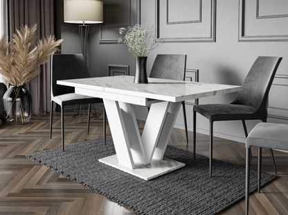 MASIV white bianco marble extending dining table 4-6 seater with white base.