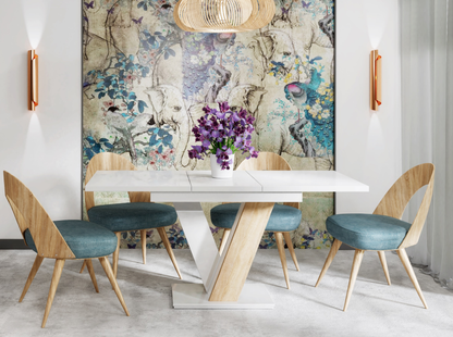 MASIV white gloss extending dining table 4-6 seater with Sonoma oak effect base.