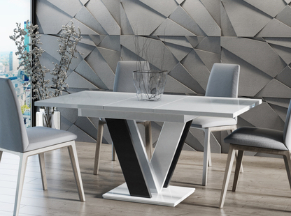 MASIV white and black gloss extending dining table 4-6 seater with V-shaped base.