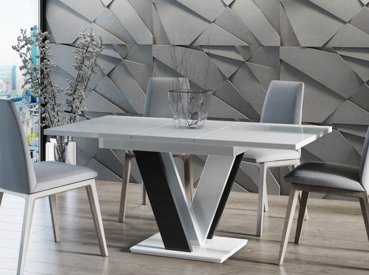MASIV white and black gloss extending dining table 4-6 seater with V-shaped base.