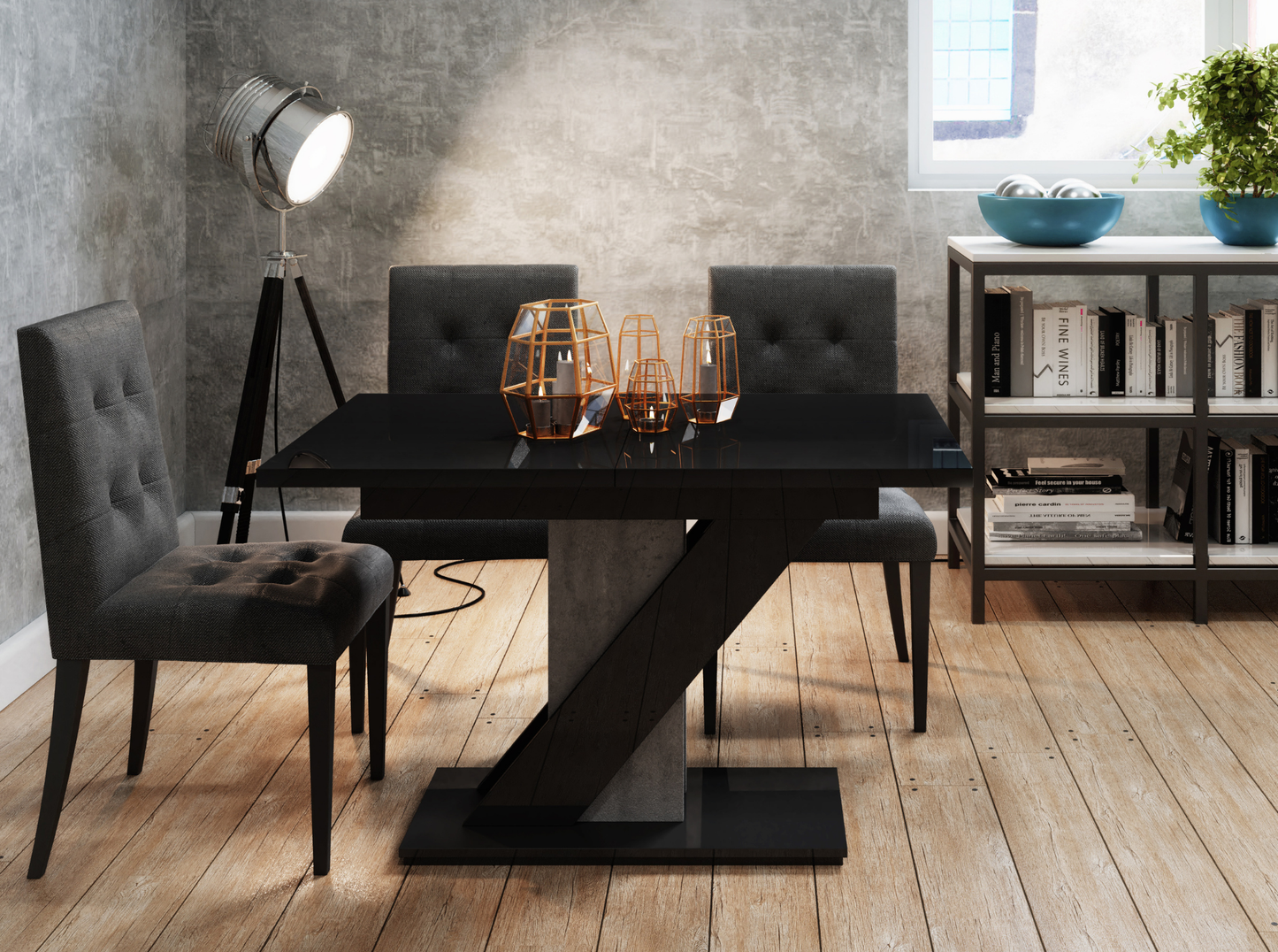 MAVEA 120–160 black gloss extending dining table 4-6 seater with grey concrete base.