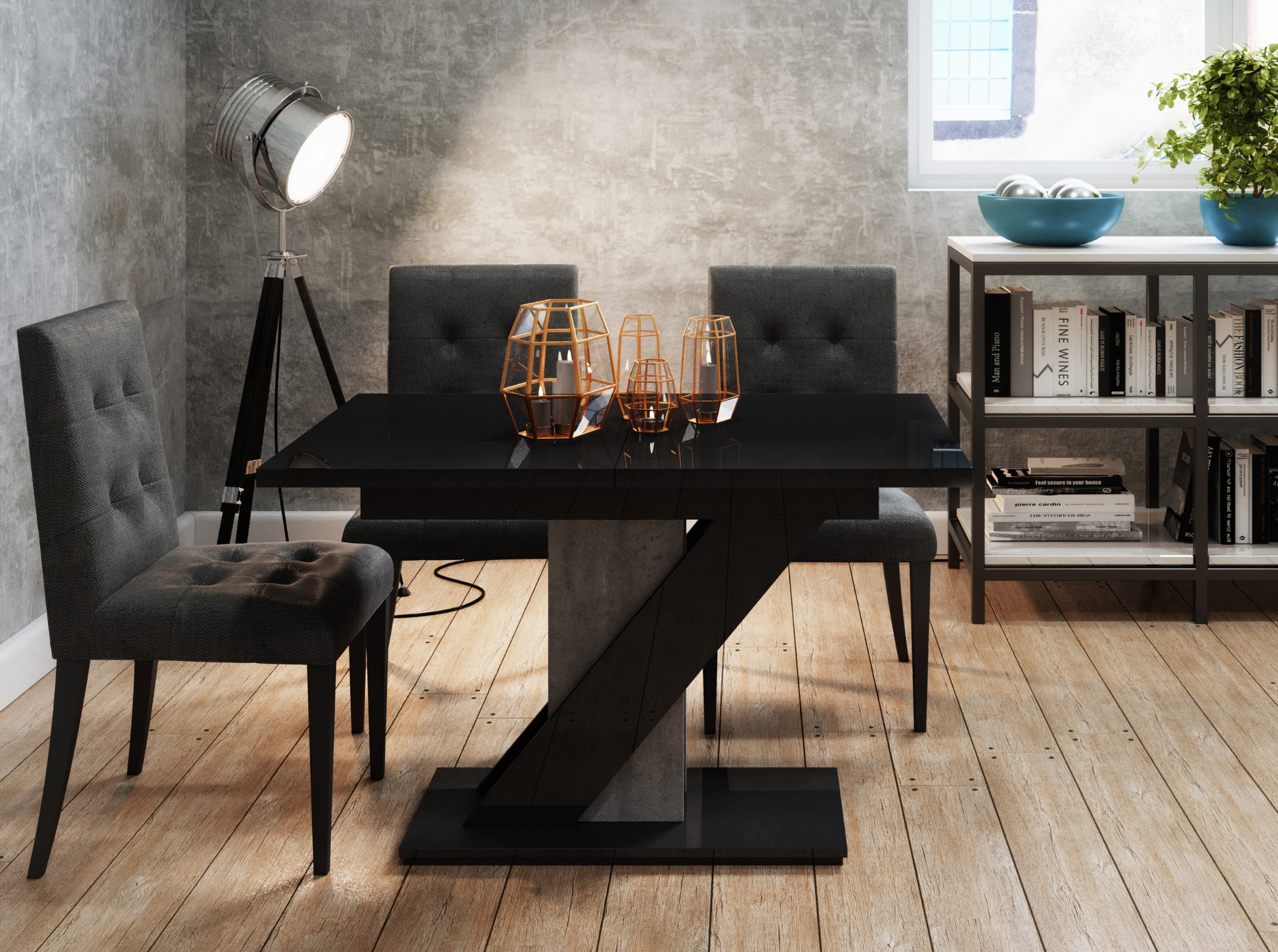 MAVEA 120–160 black gloss extending dining table 4-6 seater with grey concrete base.