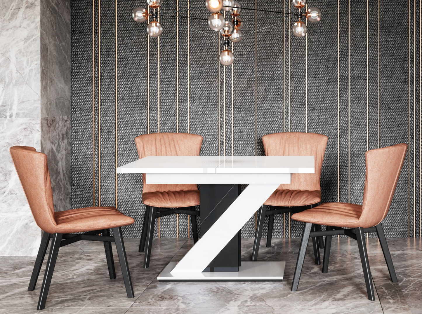 MAVEA extendable dinner table in white gloss and black gloss, perfect for small spaces.