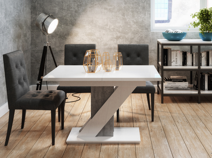 MAVEA 120–160 white gloss extending dining table 4-6 seater with grey concrete base.