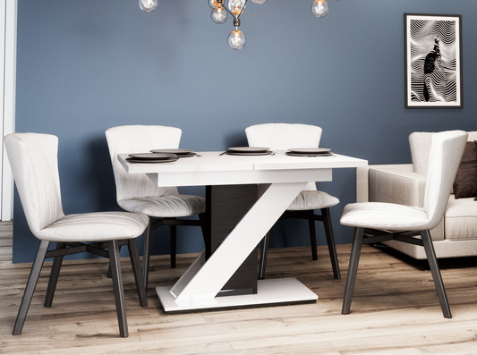 MAVEA 120–160 white and black gloss extending dining table 4-6 seater.