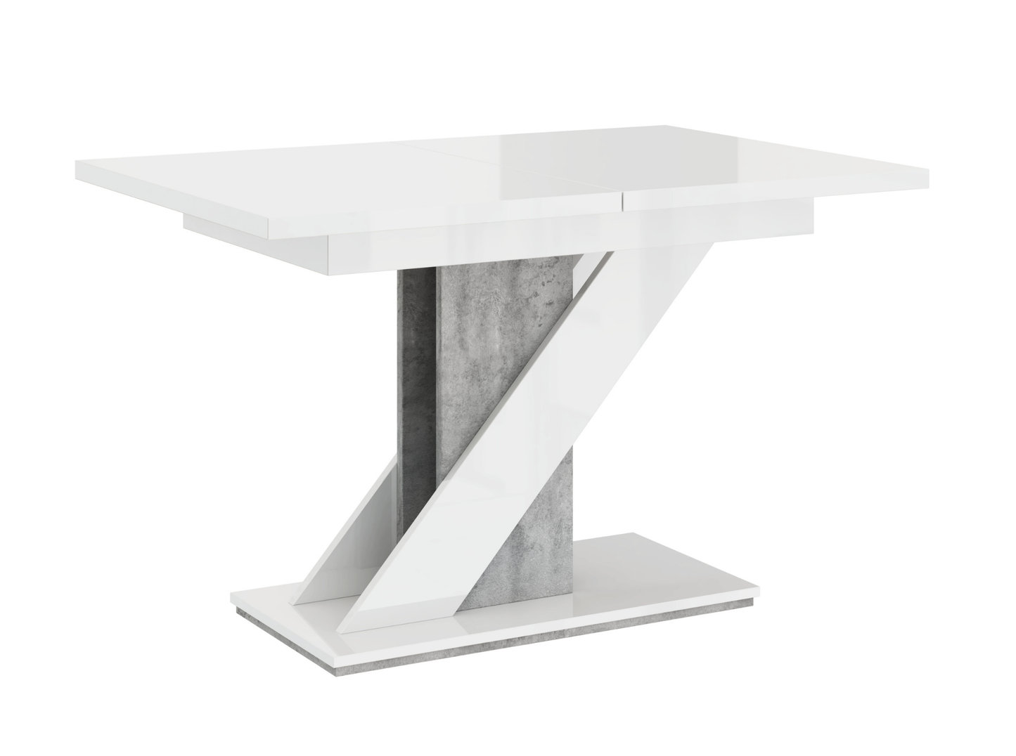 Extendable MAVEA dining table 120–160 cm in white gloss and concrete effect.