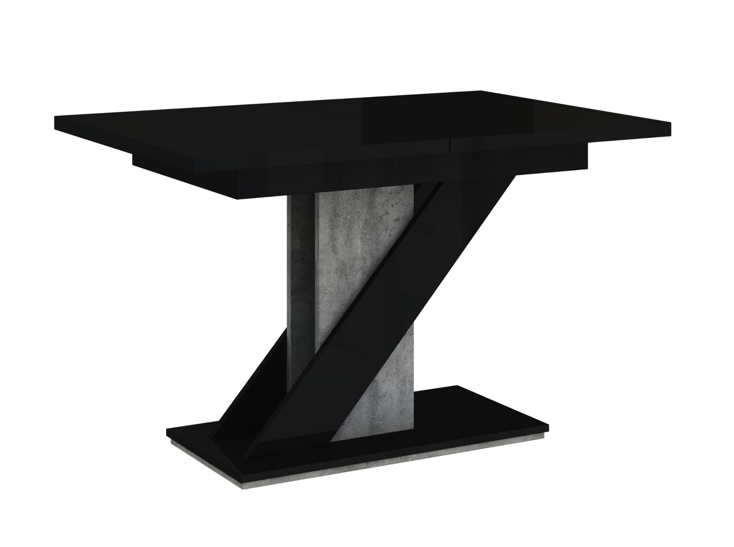 MAVEA dining table in black gloss and grey concrete look, extendable for family meals.