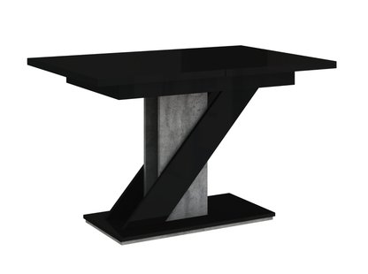MAVEA dining table in black gloss and grey concrete look, extendable for family meals.