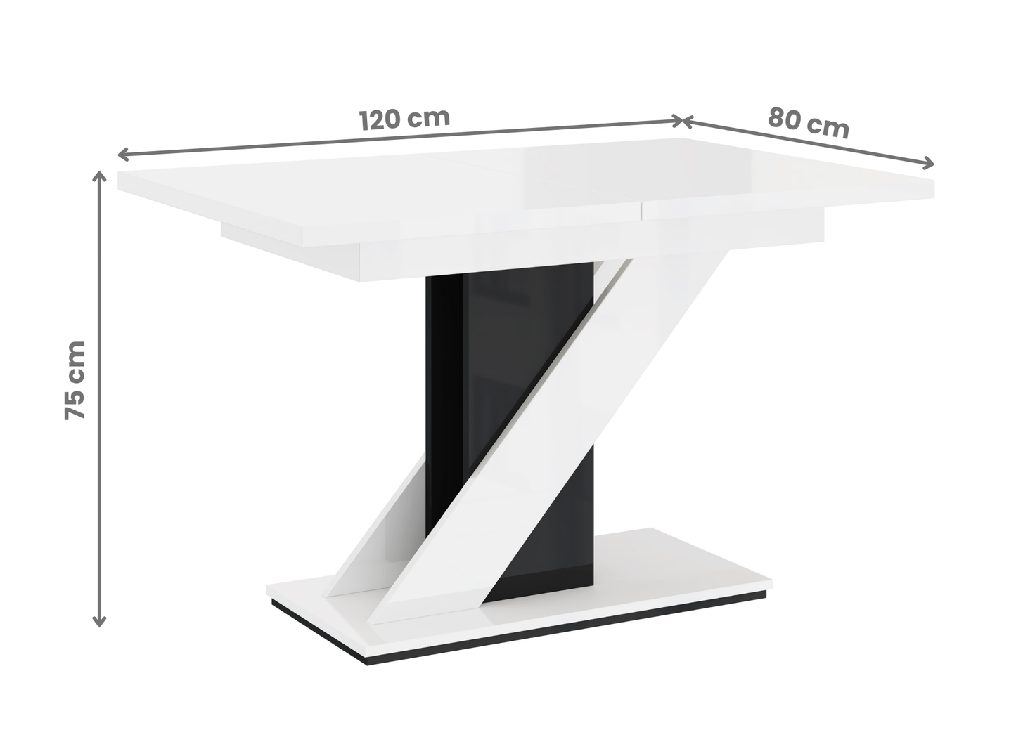 Space-saving 6 seater dining table MAVEA in white gloss and black gloss finish.