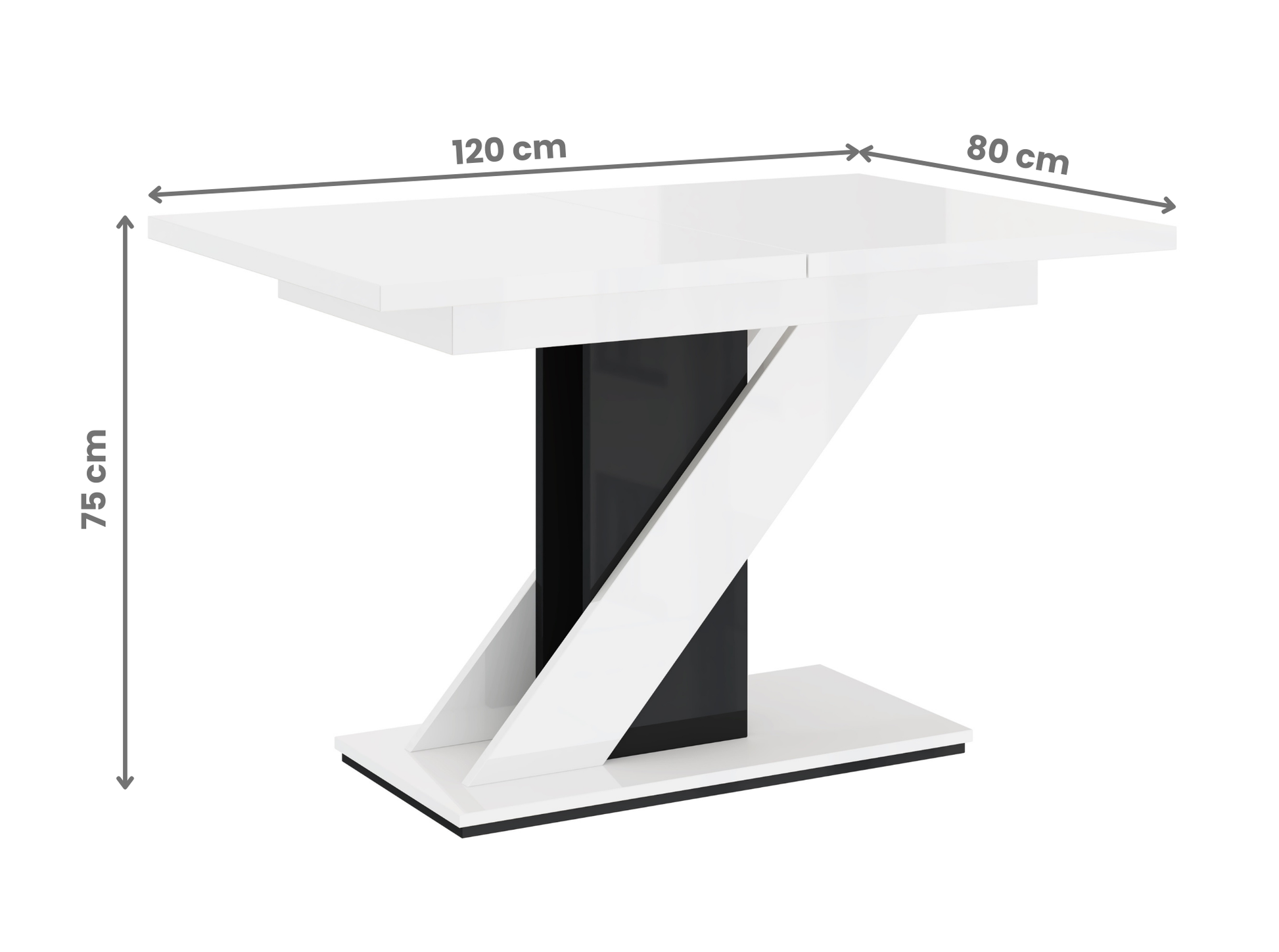 Space-saving 6 seater dining table MAVEA in white gloss and black gloss finish.