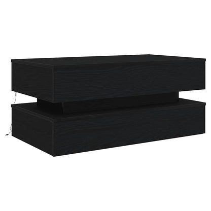 Contemporary black coffee table with layered design and integrated LED light, ideal for modern interiors.