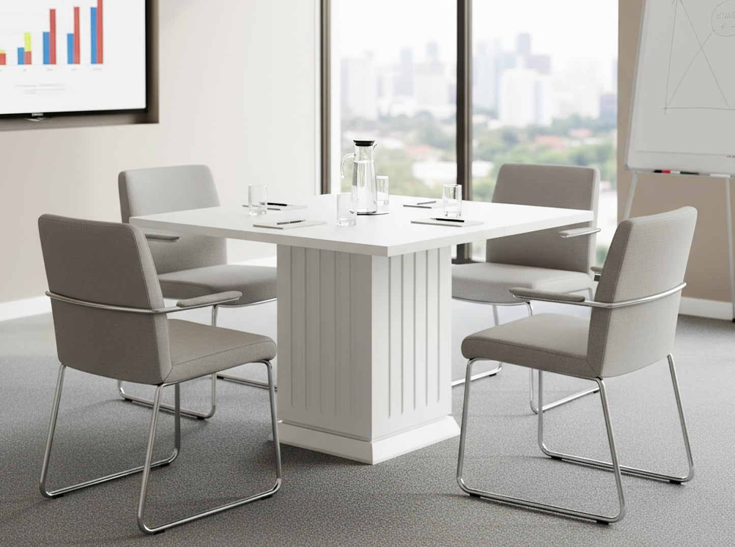 Modern square dining table with pedestal base in clean interior, compact kitchen table with chairs, contemporary bistro table design