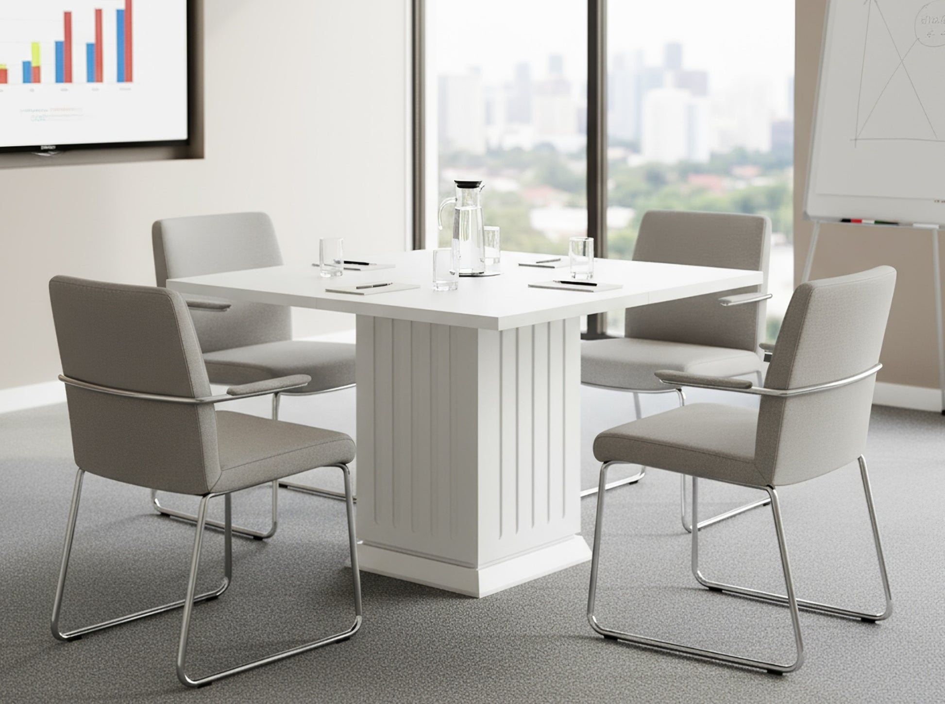 Modern square dining table with pedestal base in clean interior, compact kitchen table with chairs, contemporary bistro table design