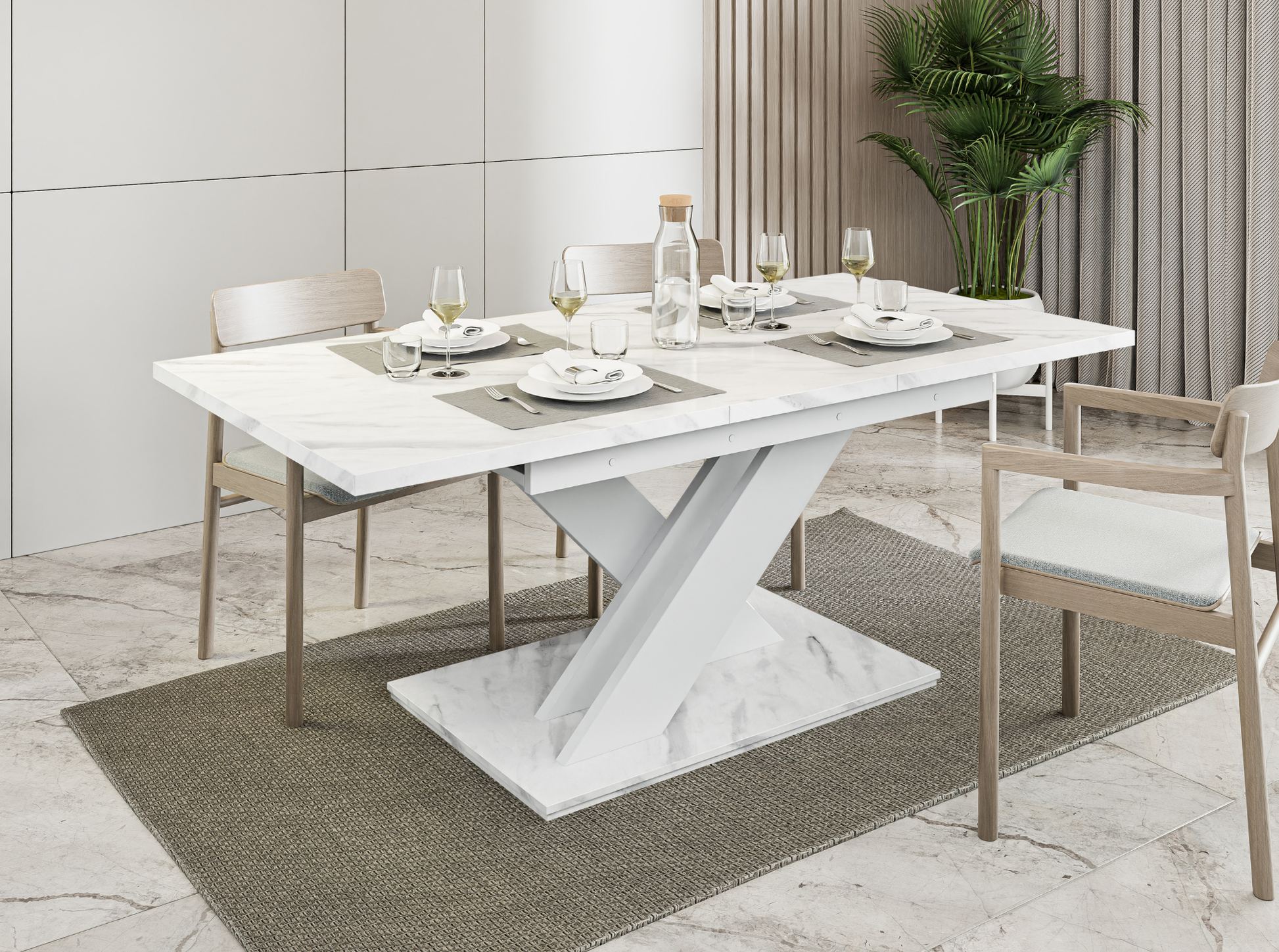 Bianco white marble extending dining table 6-8 seater with glossy finish.
