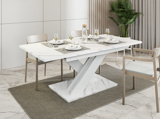 Bianco white marble extending dining table 6-8 seater with glossy finish.