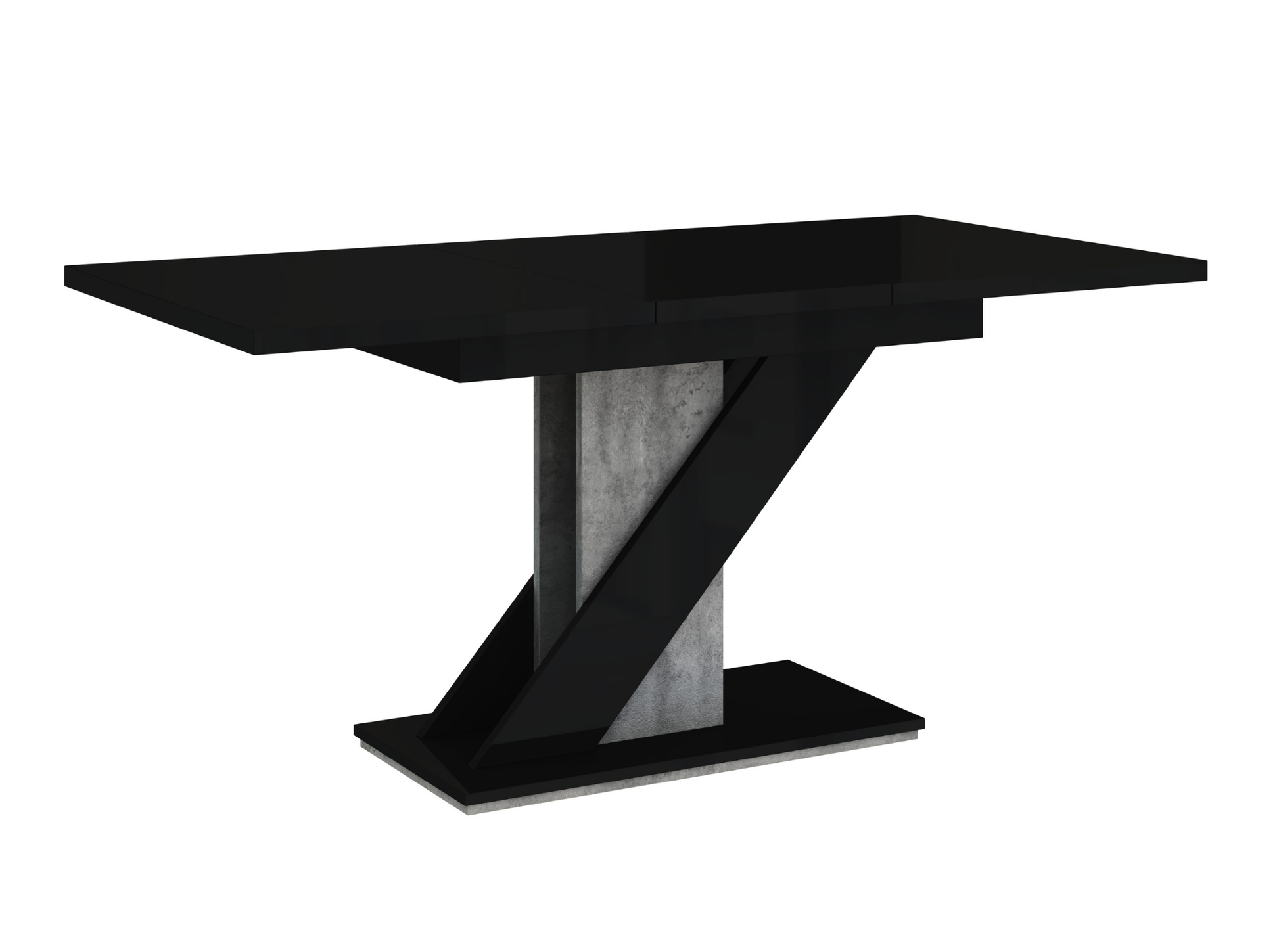 Compact 120–160 cm MAVEA extendable dining table with black gloss and concrete detail.