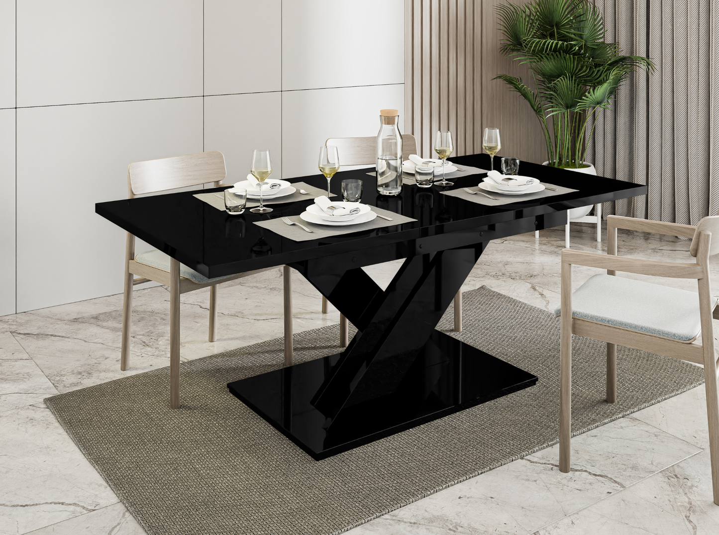 Black gloss extending dining table 6-8 seater with high shine finish.
