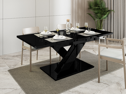 Black gloss extending dining table 6-8 seater with high shine finish.
