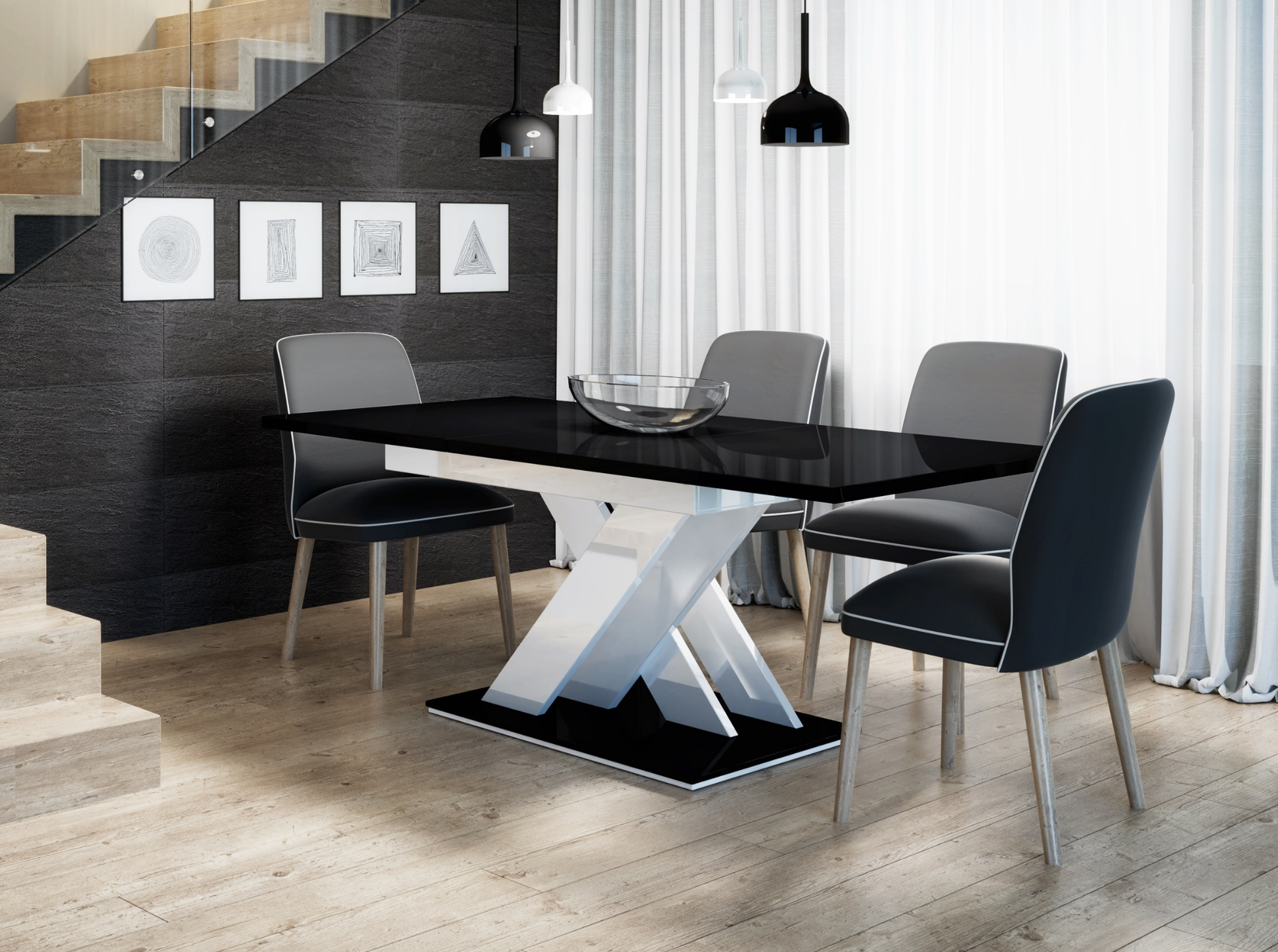 Black high gloss extending dining table 6-8 seater with white and black gloss base.
