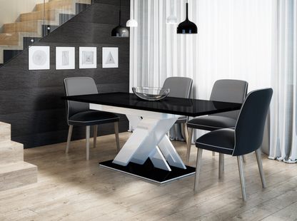 Black high gloss extending dining table 6-8 seater with white and black gloss base.