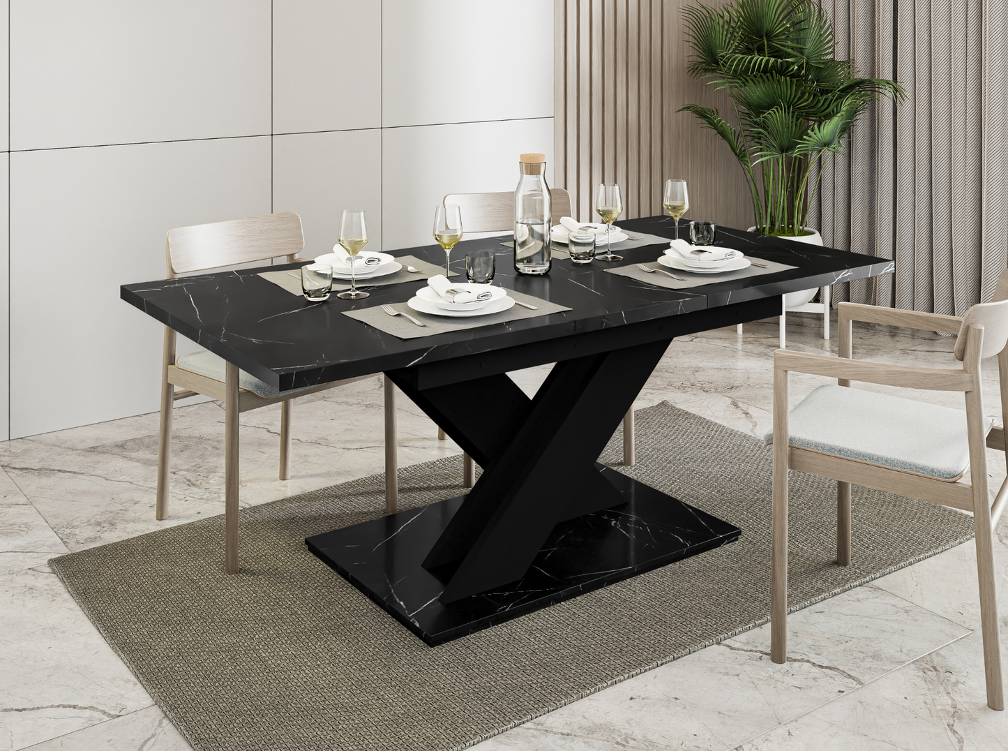 Black Royal Marble extending dining table 6-8 seater with black base.