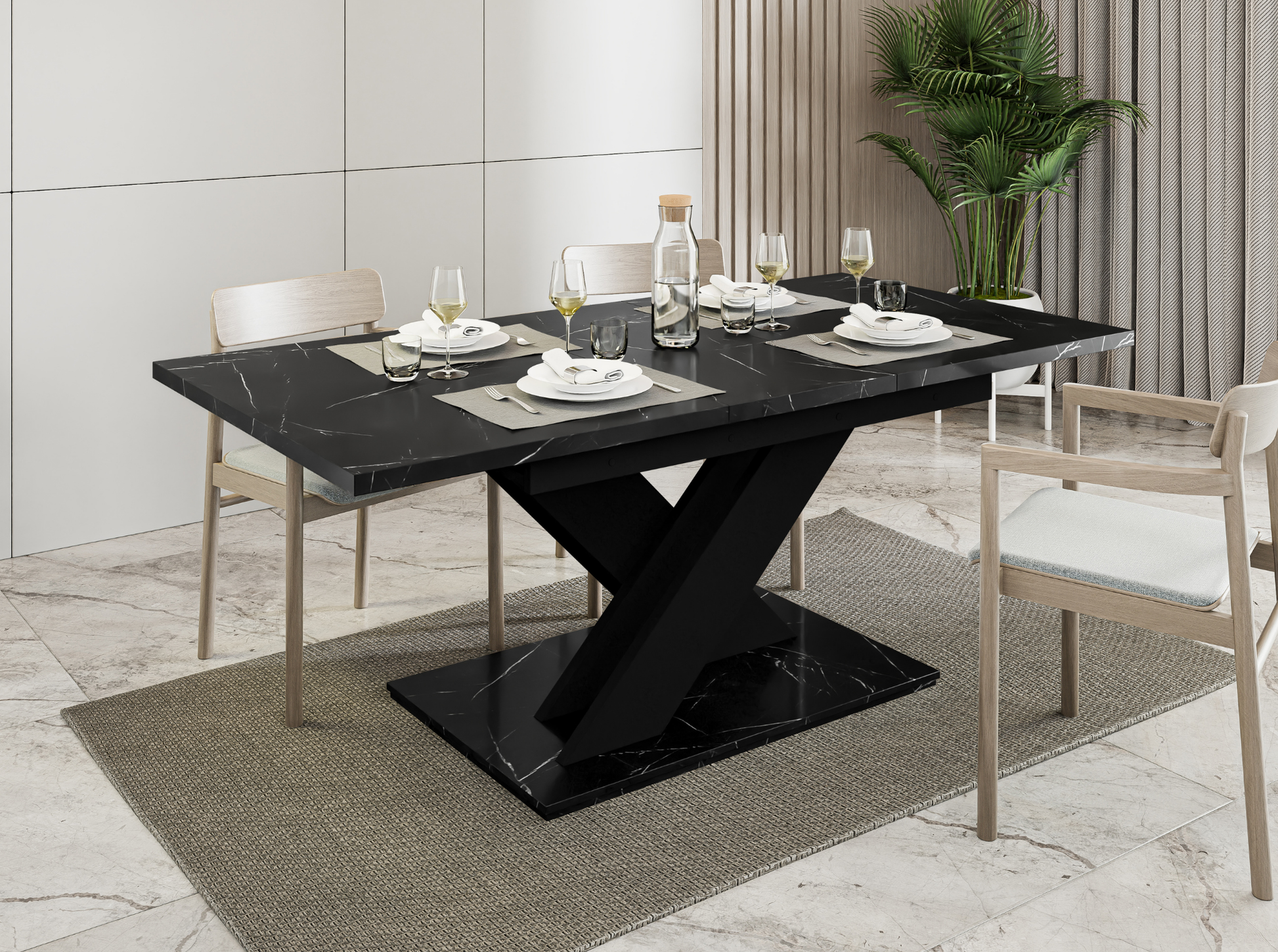 Black Royal Marble extending dining table 6-8 seater with black base.