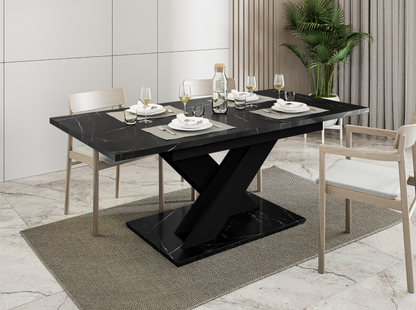 Black Royal Marble extending dining table 6-8 seater with black base.