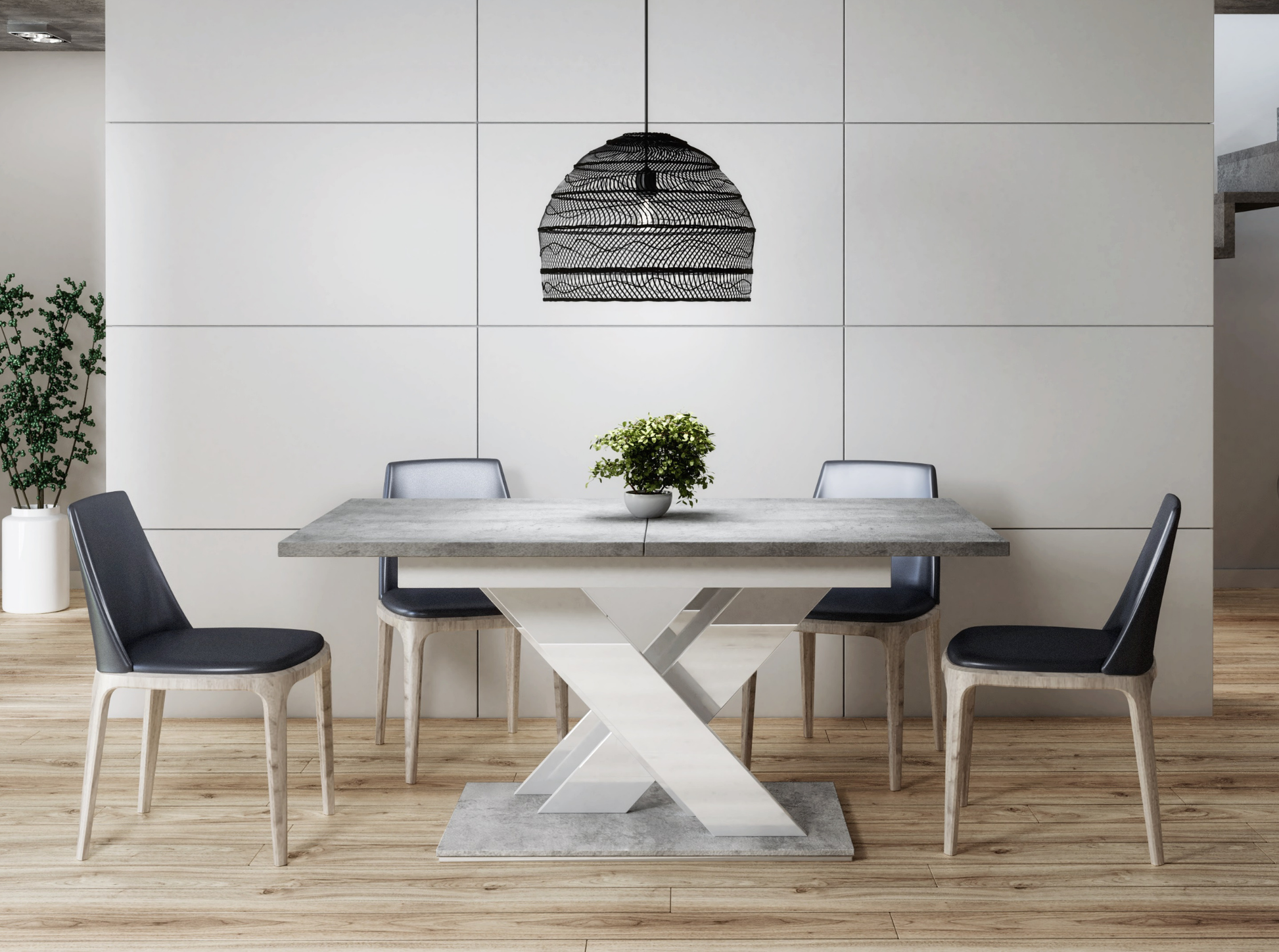 Concrete effect extending dining table 6-8 seater with white gloss base.