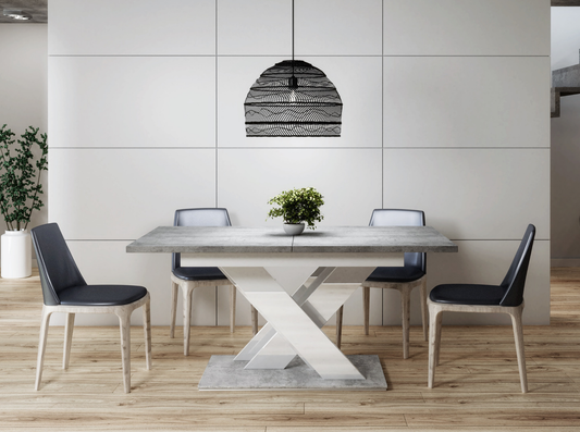 Concrete effect extending dining table 6-8 seater with white gloss base.