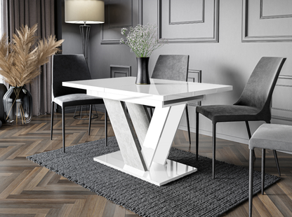 Modern dining room table with white gloss surface and stone effect accents – DUBAI.