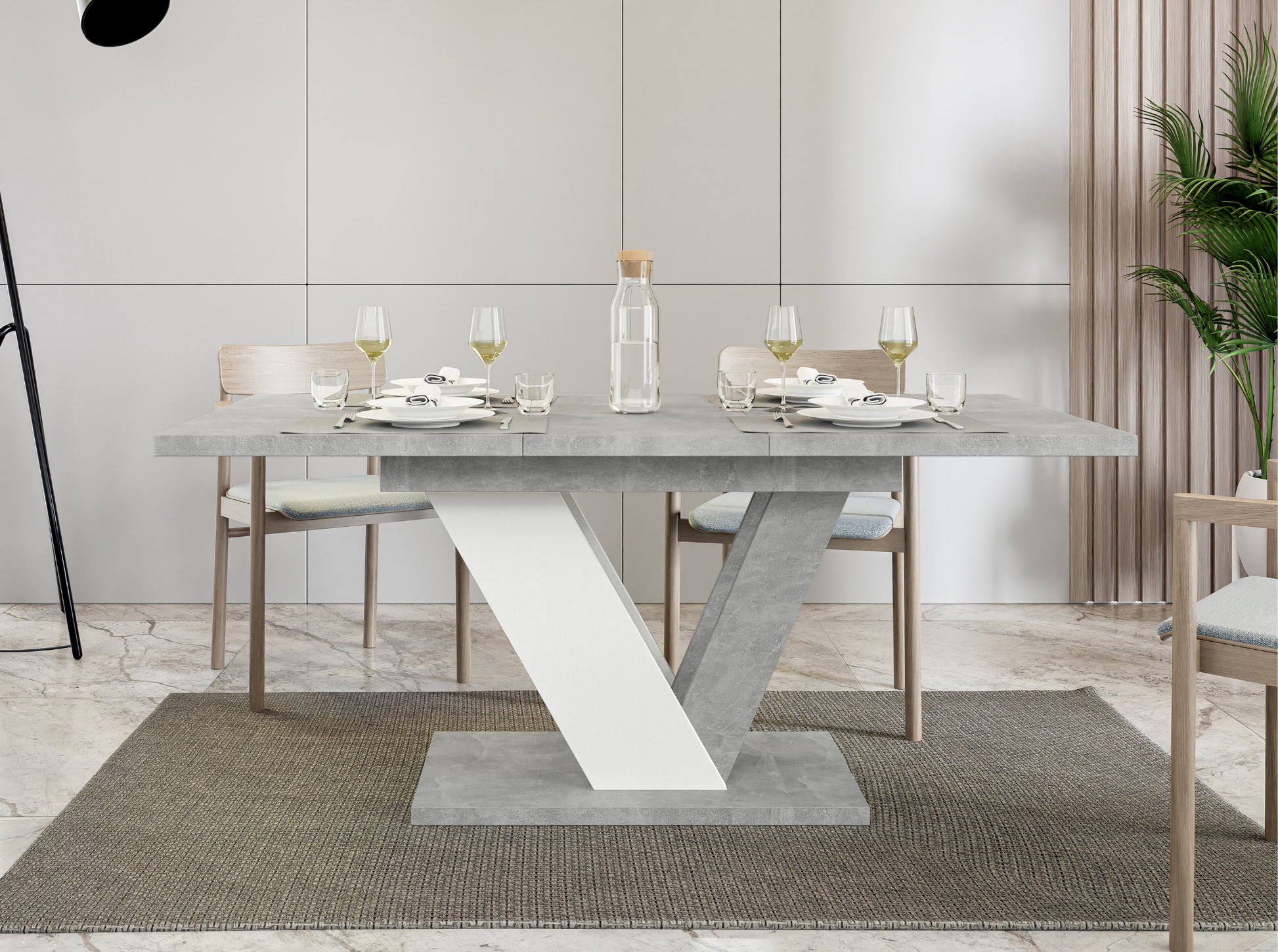 Dining table with a modern design in a room with chairs and decor.