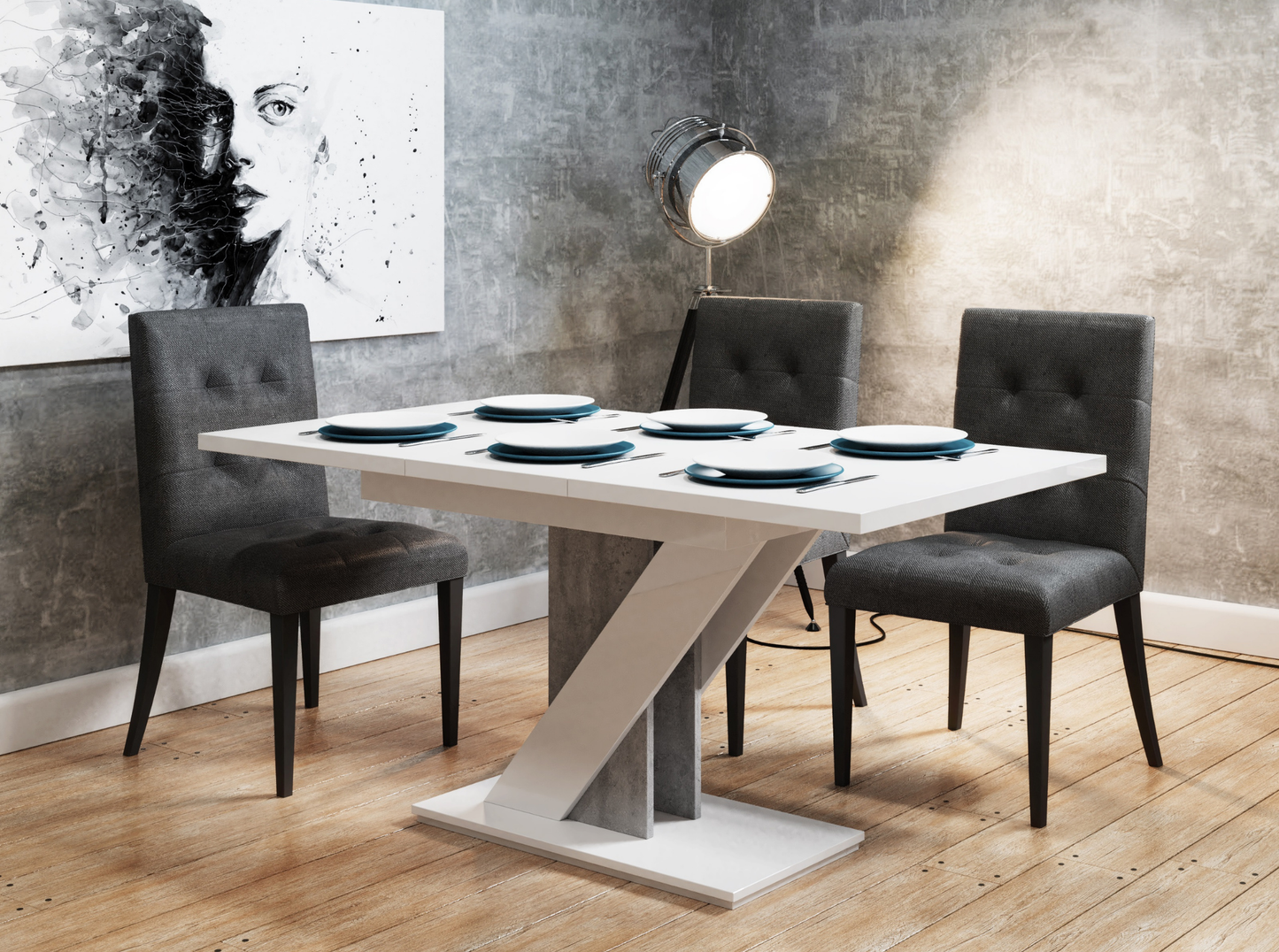 Modern extendable dining table in white gloss with concrete effect stand – MAVEA.