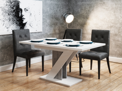Modern extendable dining table in white gloss with concrete effect stand – MAVEA.