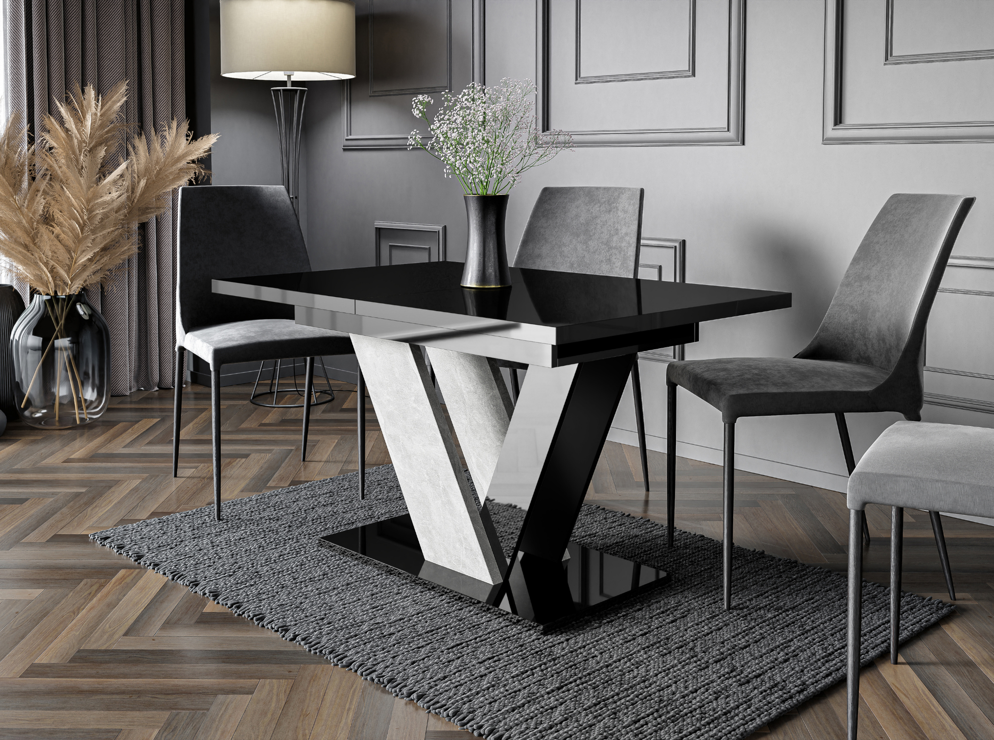 Elegant DUBAI dinner table with black gloss top and stone effect detail.