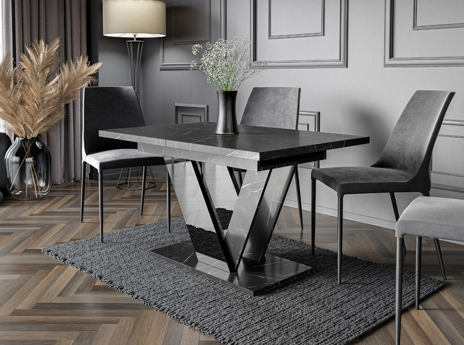 Elegant DUBAI dinner table in black royal marble and black gloss finish.