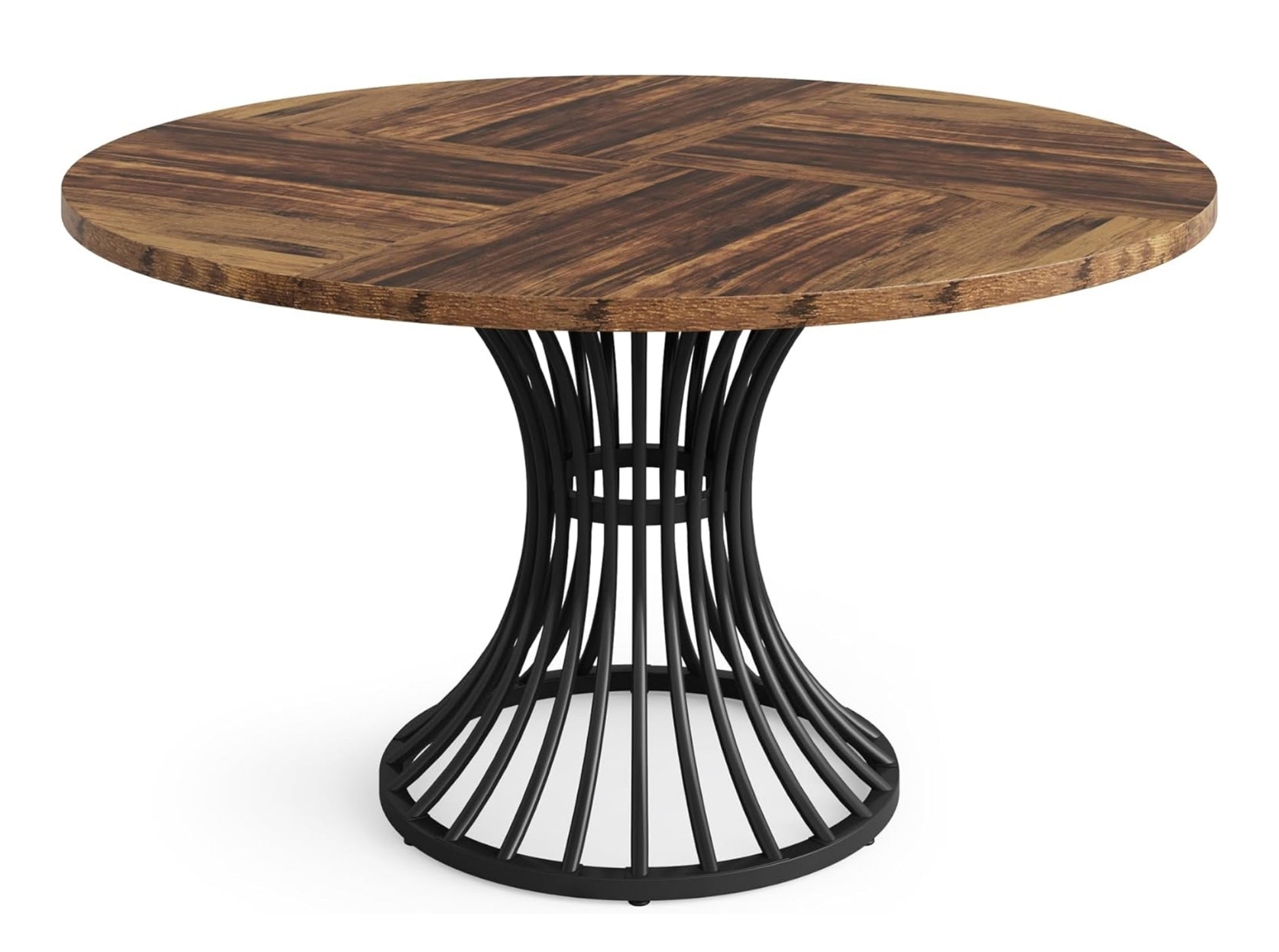 Small round dining table with wooden top and strong metal pedestal base, minimalist furniture product photo